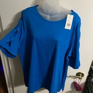 🤍 XXL Kim Rogers Blue Short Sleeve Shirt with cutouts on sleeves. NWT